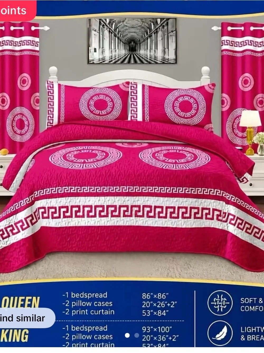 Queen Fuchsia Bedspread Set with Pillowcases and Curtains